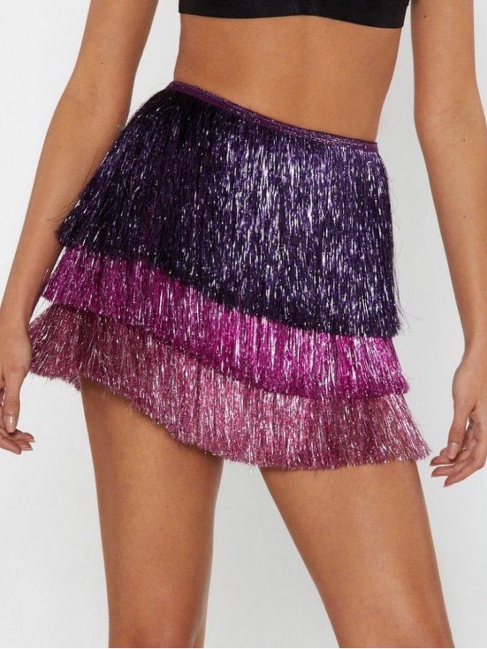 Nasty Gal - Tiered Metallic Fringe Mini Skirt in Purple-Pink